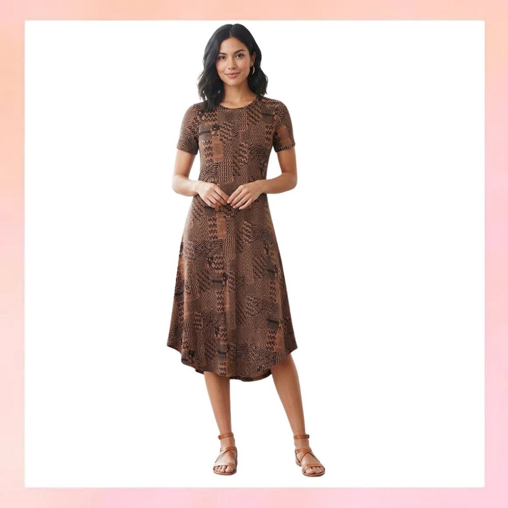 LuLaRoe Brown Geometric Patchwork Short Sleeve Midi Dress Size S